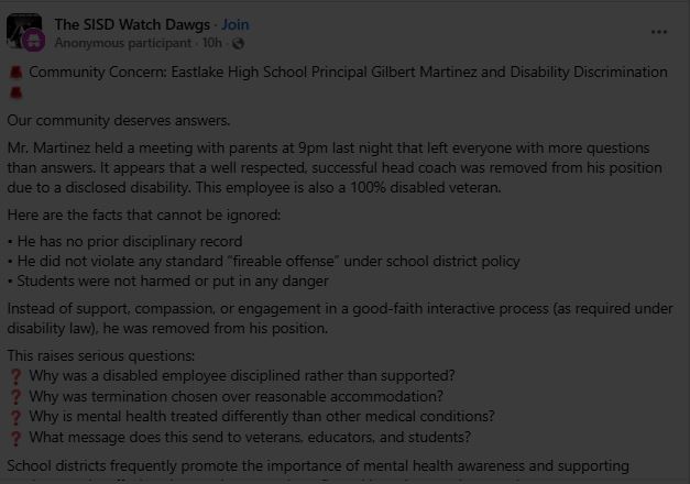 Eastlake High Principal Gilbert Martinez Removes Respected 100% Disabled Veteran Coach Despite No Policy Violations or Student Harm!