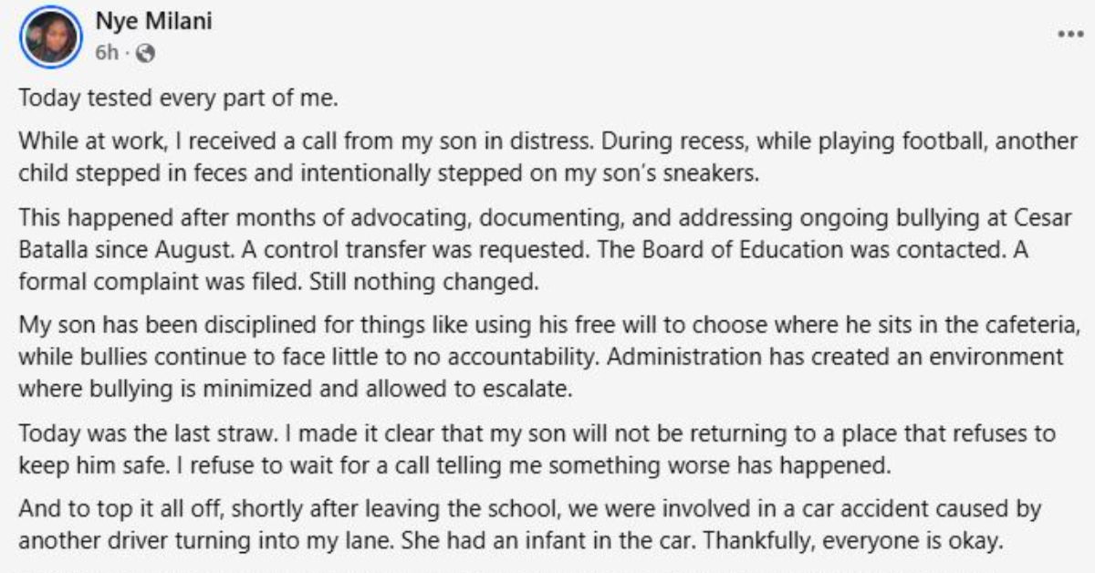 Vance, South Carolina, Mother Called From Work After Learning Her Son Was Intentionally Stepped on With Feces at Cesar Batalla School, Despite Repeated Reports, a Requested Control Transfer, and Formal Complaints Since August!