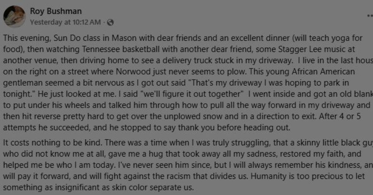 Helping a Delivery Driver Stuck in Snow in Mason After Yoga, Tennessee Basketball, and Stagger Lee Music Showed Me That Kindness Transcends Race!