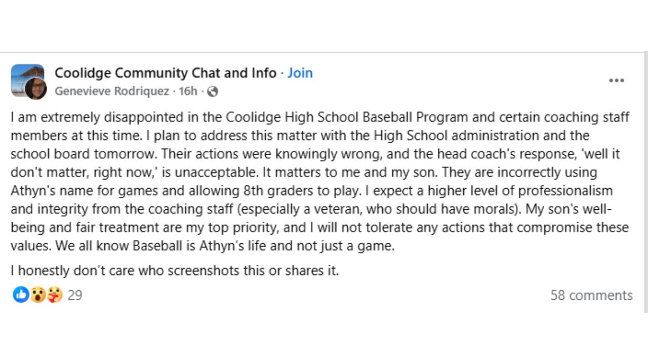 Coolidge, Arizona Mom Accuses High School Baseball Coaches of Using Her Son’s Name Without Permission