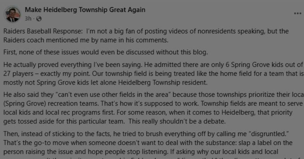 Heidelberg Township Fields Are Being Used Primarily by Nonlocal Raiders, Baseball Players, and the Coach Confirmed It!